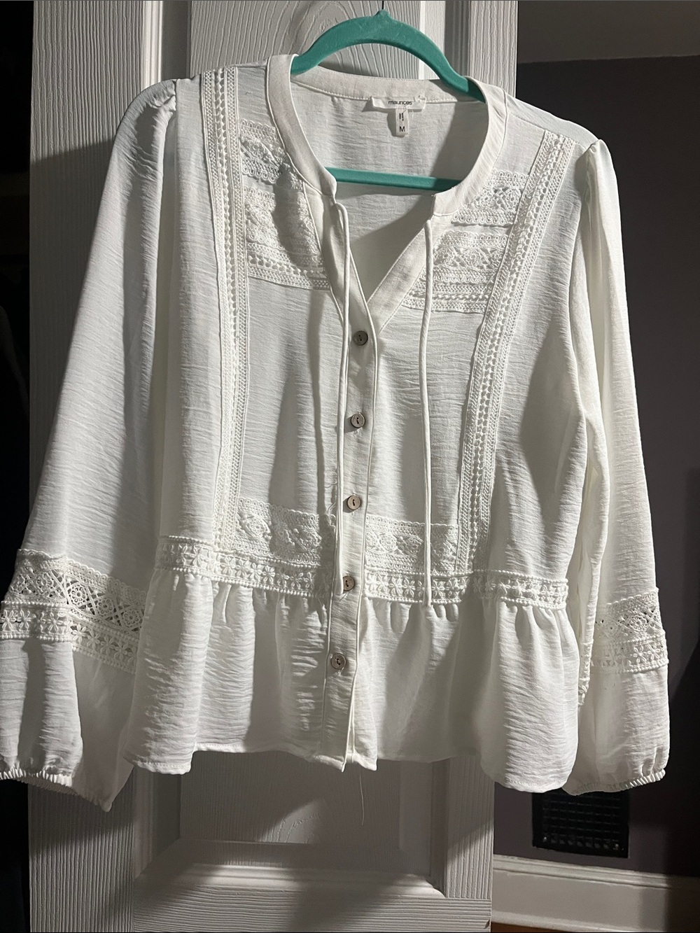 Maurices White Lace-Paneled Button Front Blouse